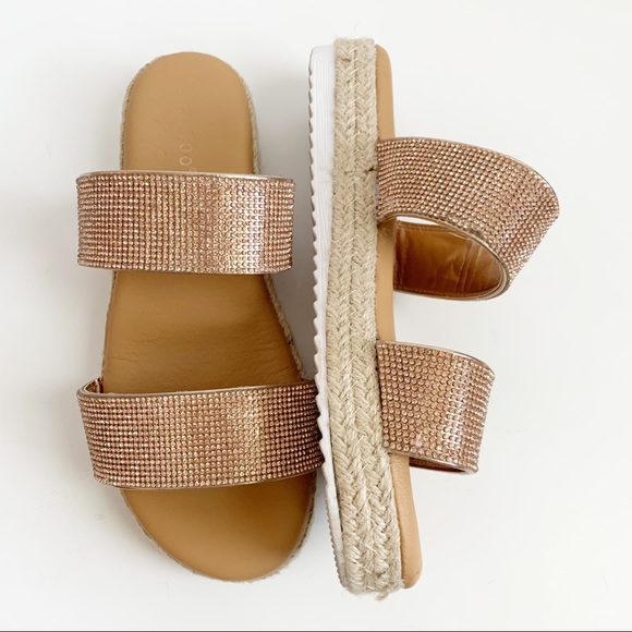 Bamboo Rose Gold Rhinestone Espadrille Slide, Double Strap, Size 8 1/2 - Picture 3 of 6